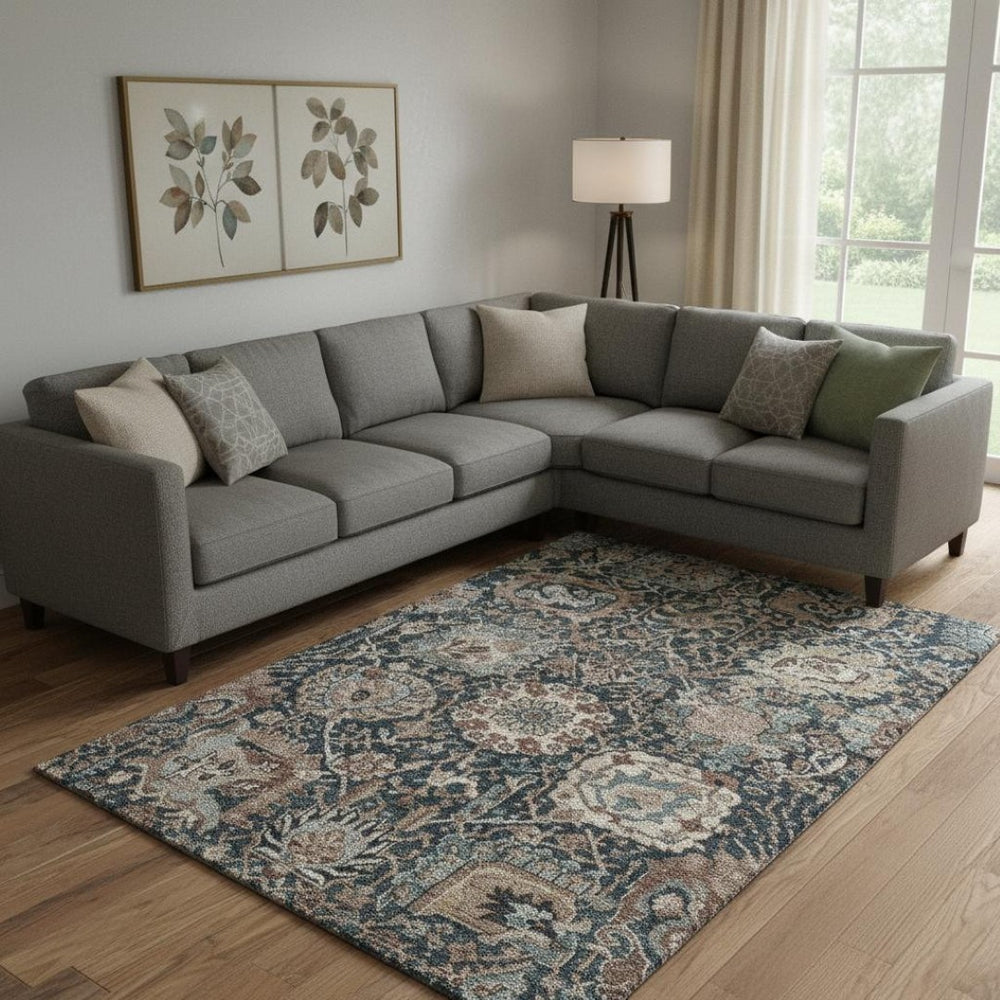 HomeRoots 9' X 12' Elegant Floral Area Rug in Taupe, Teal & Brown - Washable, UV Protected, Durable Design 692993