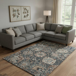 HomeRoots 9' X 12' Elegant Floral Area Rug in Taupe, Teal & Brown - Washable, UV Protected, Durable Design 692993