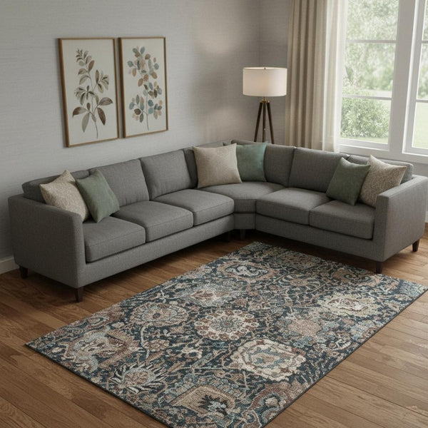 HomeRoots 10' X 14' Floral Area Rug in Taupe, Teal & Brown - Washable, UV-Protected, Stain-Resistant Design 692994