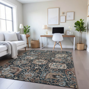 HomeRoots 10' X 14' Floral Area Rug in Taupe, Teal & Brown - Washable, UV-Protected, Stain-Resistant Design 692994