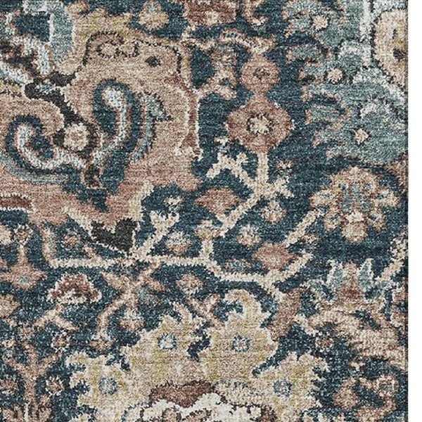 HomeRoots 10' X 14' Floral Area Rug in Taupe, Teal & Brown - Washable, UV-Protected, Stain-Resistant Design 692994