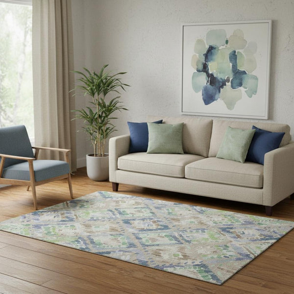 HomeRoots 5' X 8' Washable Beige Green Blue Geometric Area Rug with UV Protection for Modern Homes & Patios 692996