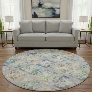 HomeRoots 8' X 8' Stylish Geometric Round Rug in Beige, Green & Blue – Washable, UV Protected & Non-Slip! 692997