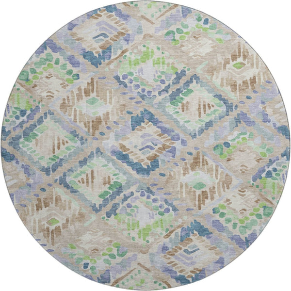 HomeRoots 8' X 8' Stylish Geometric Round Rug in Beige, Green & Blue – Washable, UV Protected & Non-Slip! 692997