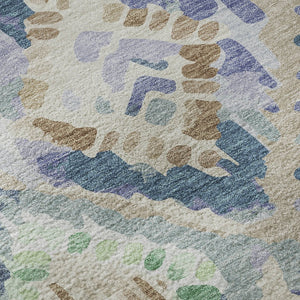 HomeRoots 8' X 8' Stylish Geometric Round Rug in Beige, Green & Blue – Washable, UV Protected & Non-Slip! 692997