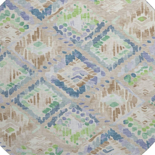 HomeRoots 8' X 8' Stylish Geometric Round Rug in Beige, Green & Blue – Washable, UV Protected & Non-Slip! 692997