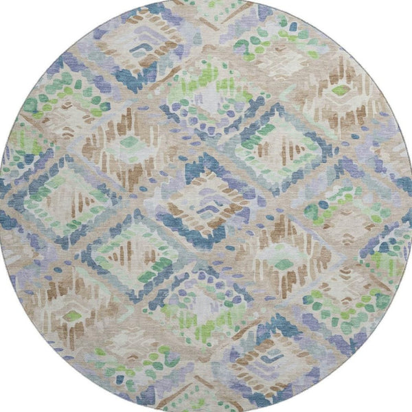 HomeRoots 8' X 8' Stylish Geometric Round Rug in Beige, Green & Blue – Washable, UV Protected & Non-Slip! 692997