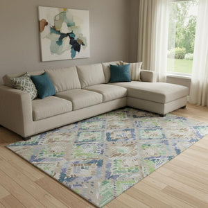 HomeRoots 8' Washable Beige Green and Blue Geometric Area Rug with UV Protection - Durable & Stylish Design! 692998