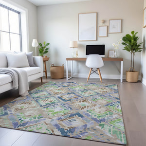 HomeRoots 8' Washable Beige Green and Blue Geometric Area Rug with UV Protection - Durable & Stylish Design! 692998