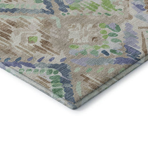 HomeRoots 8' Washable Beige Green and Blue Geometric Area Rug with UV Protection - Durable & Stylish Design! 692998