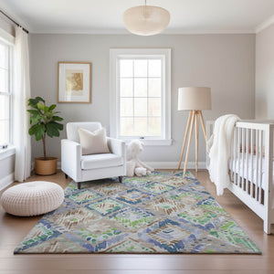 HomeRoots 8' Washable Beige Green and Blue Geometric Area Rug with UV Protection - Durable & Stylish Design! 692998