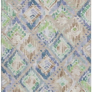 HomeRoots 8' Washable Beige Green and Blue Geometric Area Rug with UV Protection - Durable & Stylish Design! 692998