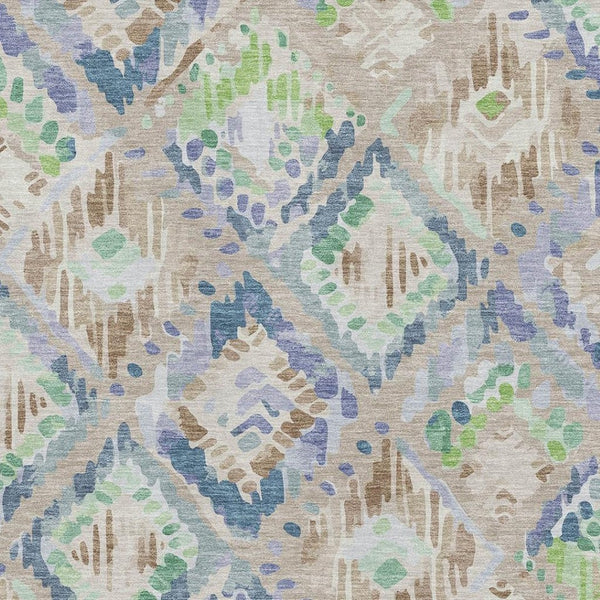 HomeRoots 9' X 12' Geometric Area Rug in Beige, Green & Blue - Washable, UV-Protected, Modern Design for Any Room 692999