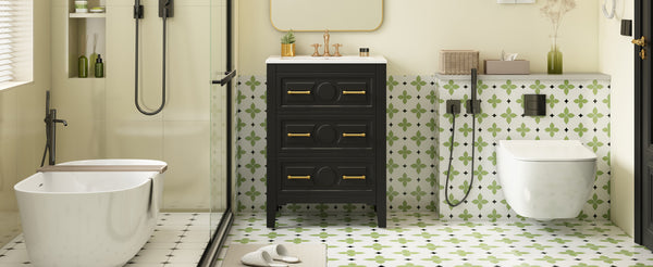 English Elm 24'' Bathroom Vanity with Ceramic Sink and 3 Drawers Retro Solid Wood Frame Freestanding Storage Black N710P371184B