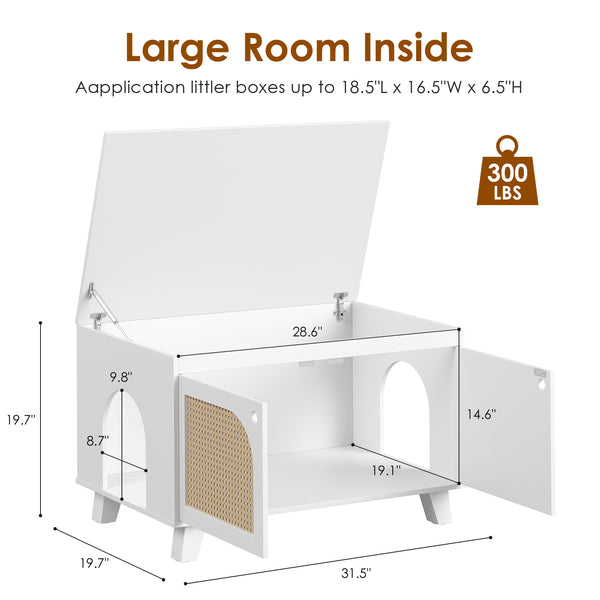 English Elm Flip Top Hidden Cat Litter Box Enclosure with Rattan Doors, Flip-Top Access, Odor Control, Stylish Table Ready White T3623P354972