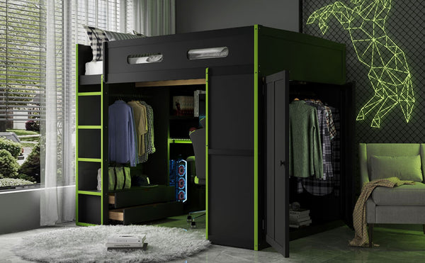 English Elm Full Size Gaming Loft Bed with Rgb Lighting Desk Wardrobe and Mdf Wood Frame LT000261AAG