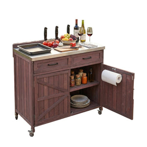 English Elm K&k Outdoor Prep Station Stainless Steel Top Fir Wood Cabinet with Drawer and Wheels Dark Brown N707P370273Z