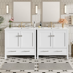 English Elm 72" White Bathroom Vanity Set with Dual Ceramic Sinks, Soft-Close Doors, Divided Drawers & Ample Storage, Solid Wood Frame, Easy Plumbing Access N729P000006K