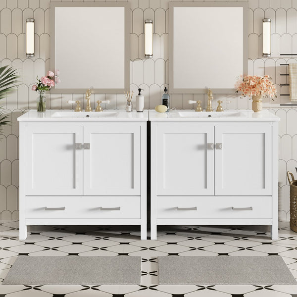 English Elm 72" White Bathroom Vanity Set with Dual Ceramic Sinks, Soft-Close Doors, Divided Drawers & Ample Storage, Solid Wood Frame, Easy Plumbing Access N729P000006K