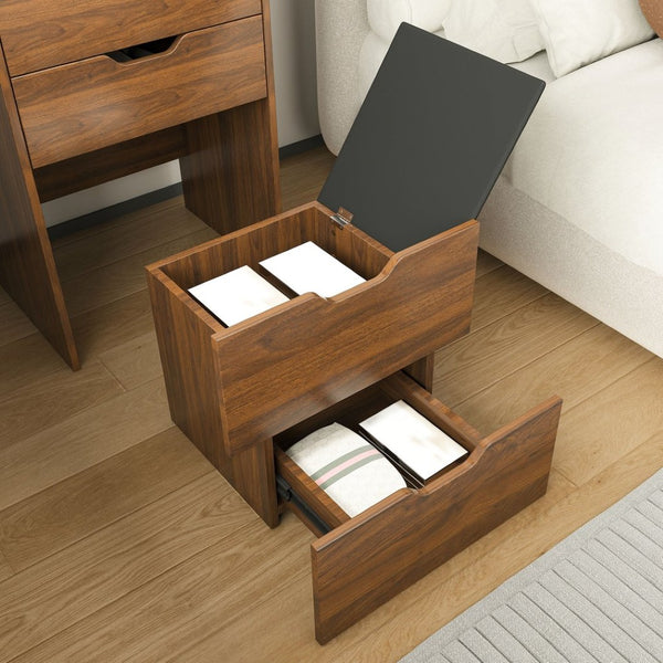 English Elm 3-in-1 Walnut Flip Top Vanity Desk with Led Mirror Stool Bedroom Dressing Table W2699P404631