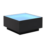 English Elm Square High Glossy Coffee Table With 16-Color Led Strip Lights, Modern Center Table With 5Mm Frosted Tempered Glass Top For Living Room, Black, 27.5*27.5In