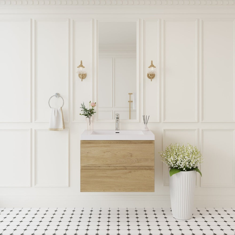 English Elm 30'' Wall Mounted Bathroom Vanity Smoked Walnut Fluted Cabinet Matte Black Basin Oak W1920P385475
