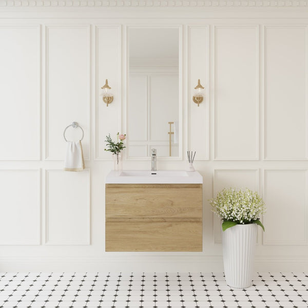 English Elm 30'' Wall Mounted Bathroom Vanity Smoked Walnut Fluted Cabinet Matte Black Basin Oak W1920P385475
