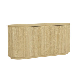 English Elm Olivia Mid-Century 60" Sideboard in Natural Oak Grain — Handle-Free Doors, Ribbed Texture, Pedestal Base B365S00113