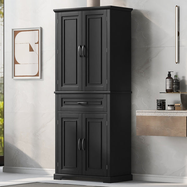 English Elm Bathroom Tall Storage Cabinet with Doors and Drawer, Adjustable Shelf, Anti-Tip Safety, MDF Finish Black N725P210330B