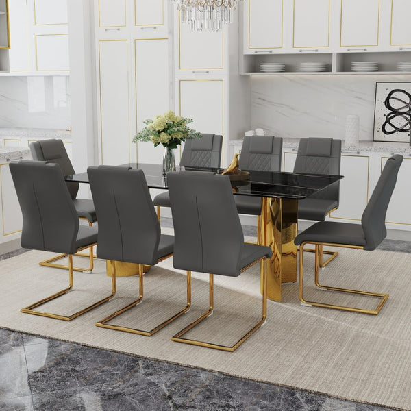English Elm Table With Glass Top & 8 Chairs - Modern Imitation Marble Dining Set With Golden Stainless Steel Legs W1151S04331-GIGA