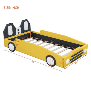 English Elm Twin Race Car Platform Bed with Wheels for Kids — Sturdy PU Leather Frame, Safety Rails, 250lb Capacity Yellow SF000128AAY