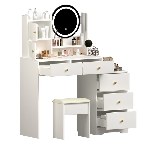 English Elm Fashion Vanity Desk With Adjustable Led Mirror, Cushioned Chair & Ample Storage For Effortless Beauty W2699P214617