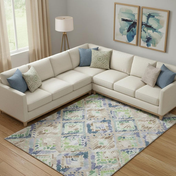 HomeRoots 10' X 14' Modern Geometric Beige Green Blue Area Rug - Washable, UV Protected & Stain Resistant! 693000