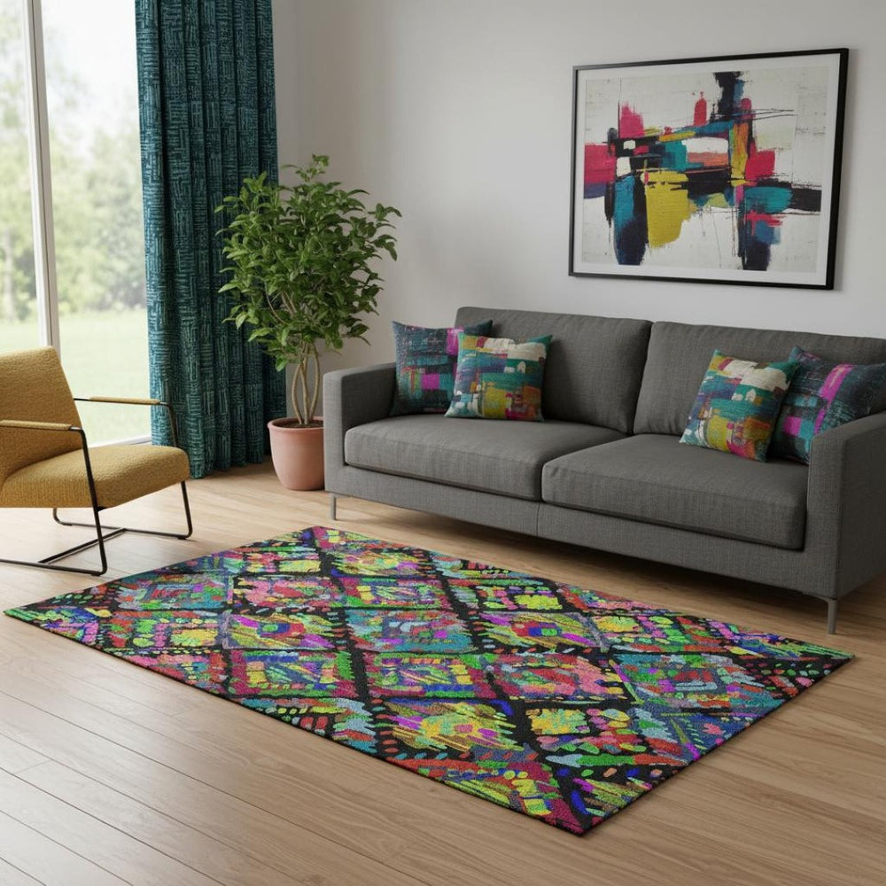 HomeRoots 5' X 8' Geometric Area Rug in Black, Red, Pink & Green - Washable, UV-Protected for Modern Spaces 693002