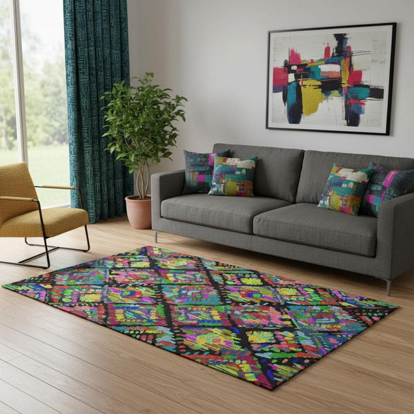 HomeRoots 5' X 8' Geometric Area Rug in Black, Red, Pink & Green - Washable, UV-Protected for Modern Spaces 693002