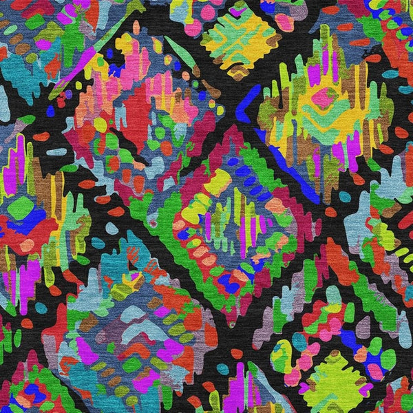 HomeRoots 5' X 8' Geometric Area Rug in Black, Red, Pink & Green - Washable, UV-Protected for Modern Spaces 693002