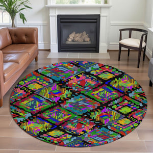 HomeRoots 8' X 8' Modern Geometric Round Rug in Black, Red, Pink & Green - Washable, UV Protected & Durable 693003