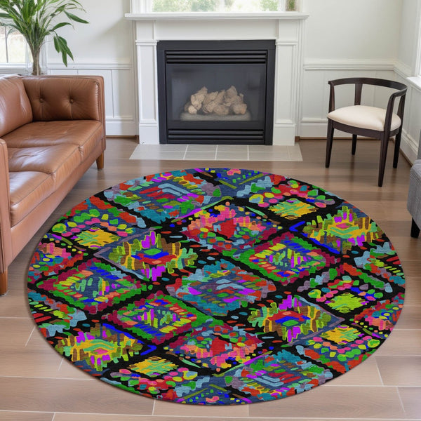 HomeRoots 8' X 8' Modern Geometric Round Rug in Black, Red, Pink & Green - Washable, UV Protected & Durable 693003