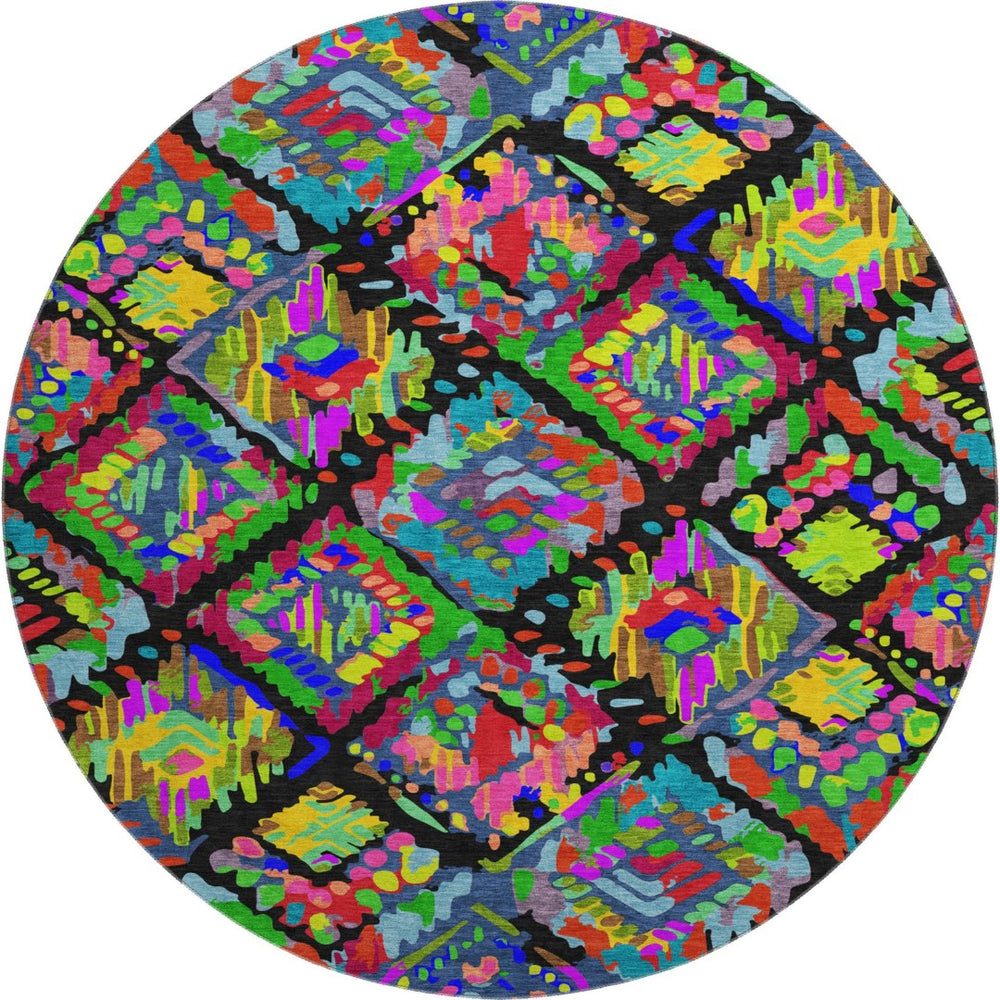 HomeRoots 8' X 8' Modern Geometric Round Rug in Black, Red, Pink & Green - Washable, UV Protected & Durable 693003