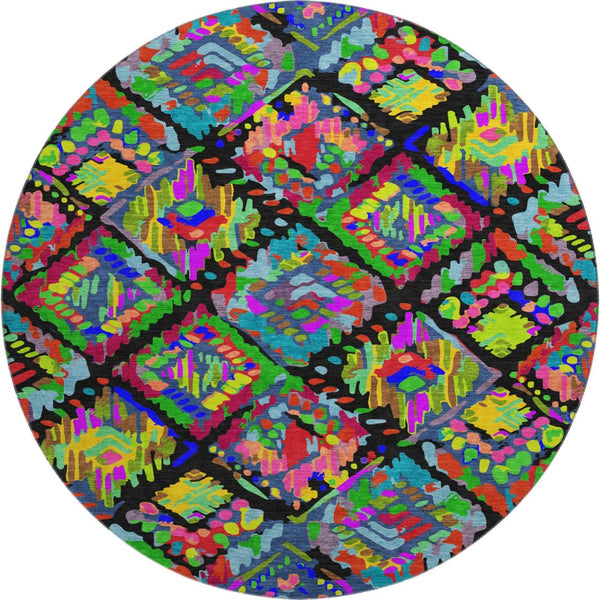 HomeRoots 8' X 8' Modern Geometric Round Rug in Black, Red, Pink & Green - Washable, UV Protected & Durable 693003