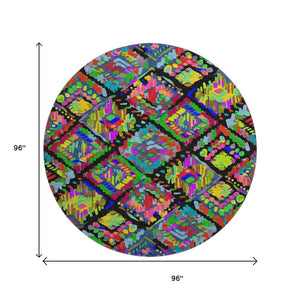 HomeRoots 8' X 8' Modern Geometric Round Rug in Black, Red, Pink & Green - Washable, UV Protected & Durable 693003