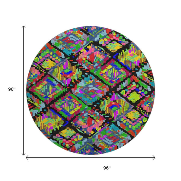 HomeRoots 8' X 8' Modern Geometric Round Rug in Black, Red, Pink & Green - Washable, UV Protected & Durable 693003