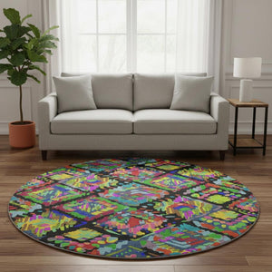 HomeRoots 8' X 8' Modern Geometric Round Rug in Black, Red, Pink & Green - Washable, UV Protected & Durable 693003