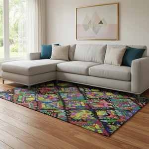 HomeRoots 8' Bold Geometric Washable Area Rug with UV Protection – Vibrant Black, Red, Pink & Green Design! 693004
