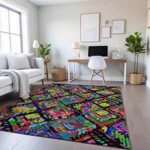 HomeRoots 8' Bold Geometric Washable Area Rug with UV Protection – Vibrant Black, Red, Pink & Green Design! 693004