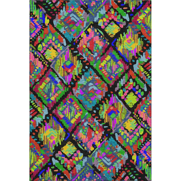 HomeRoots 8' Bold Geometric Washable Area Rug with UV Protection – Vibrant Black, Red, Pink & Green Design! 693004