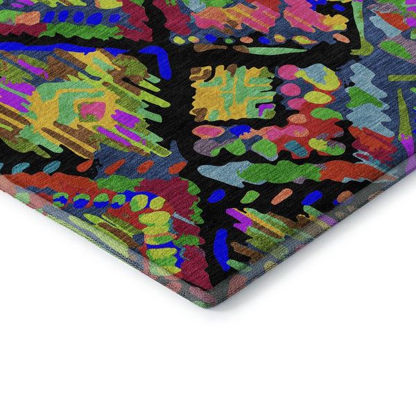 HomeRoots 8' Bold Geometric Washable Area Rug with UV Protection – Vibrant Black, Red, Pink & Green Design! 693004