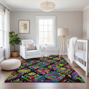 HomeRoots 8' Bold Geometric Washable Area Rug with UV Protection – Vibrant Black, Red, Pink & Green Design! 693004
