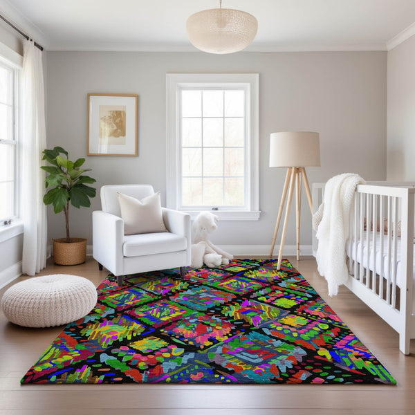 HomeRoots 8' Bold Geometric Washable Area Rug with UV Protection – Vibrant Black, Red, Pink & Green Design! 693004