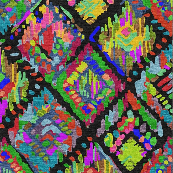 HomeRoots 8' Bold Geometric Washable Area Rug with UV Protection – Vibrant Black, Red, Pink & Green Design! 693004